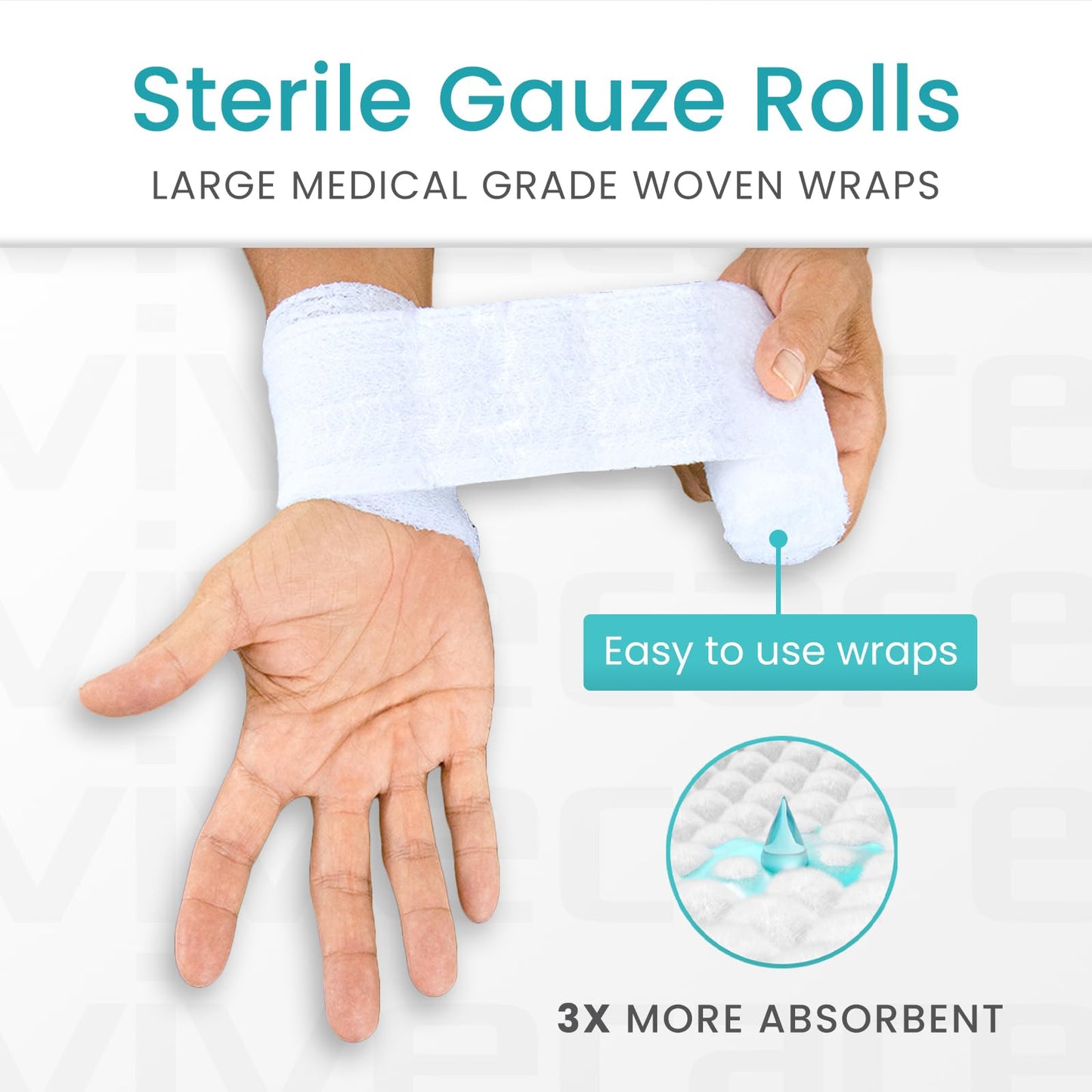 Vive Care XL Gauze Wrap Roll for Wounds (12 Count) Large Sterile Rolls - Individually Wrapped Medical Bandages HSA/FSA Approved - Extra Absorbent & Adhesive Gauze - 4"x4.1" Yards