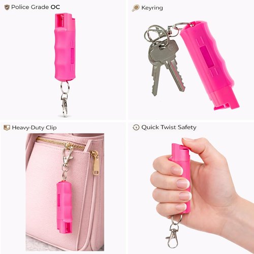 Burn Pepper Spray Keychain 1 Pack, 1/2oz Police Strength OC Spray with UV Dye, 16 ft Range, Twist Lock Safety, Belt Clip, Compact Pocket Personal Safety Self Defense, Pink