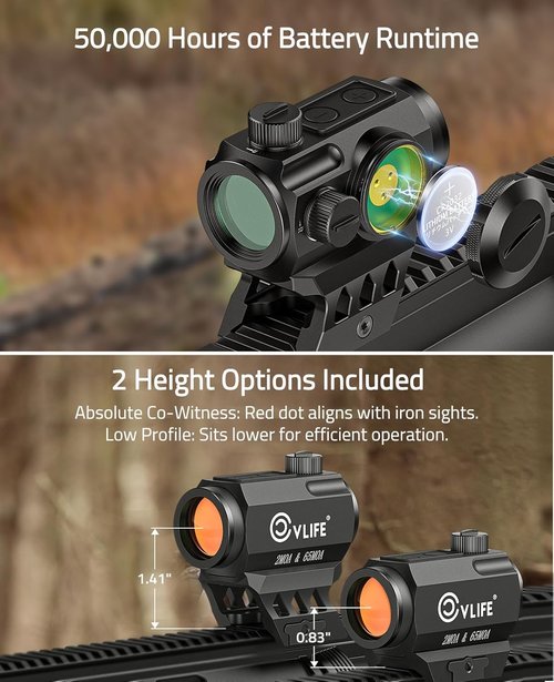CVLIFE Red Dot Scope - Multi-Reticle 2 MOA Dot & 65 MOA Circle | 50K Hours Battery Life, IPX7 Waterproof