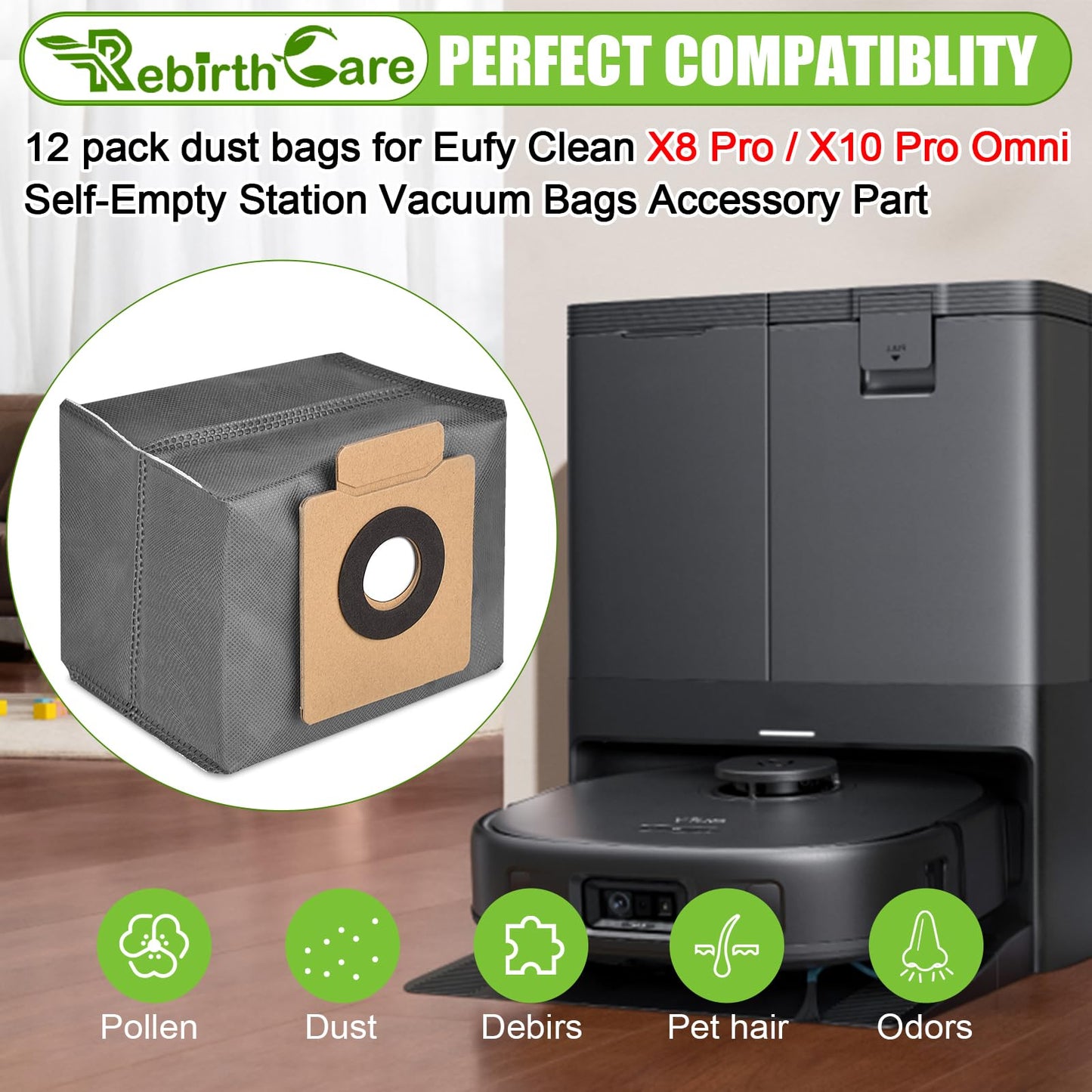 Rebirthcare 12 Pack X8 Pro Dust Bag Compatible with Eufy Clean X8 Pro X10 Pro Omni Robot Vacuum Self-empty Station 2.5L Large Capacity Replacement Bag
