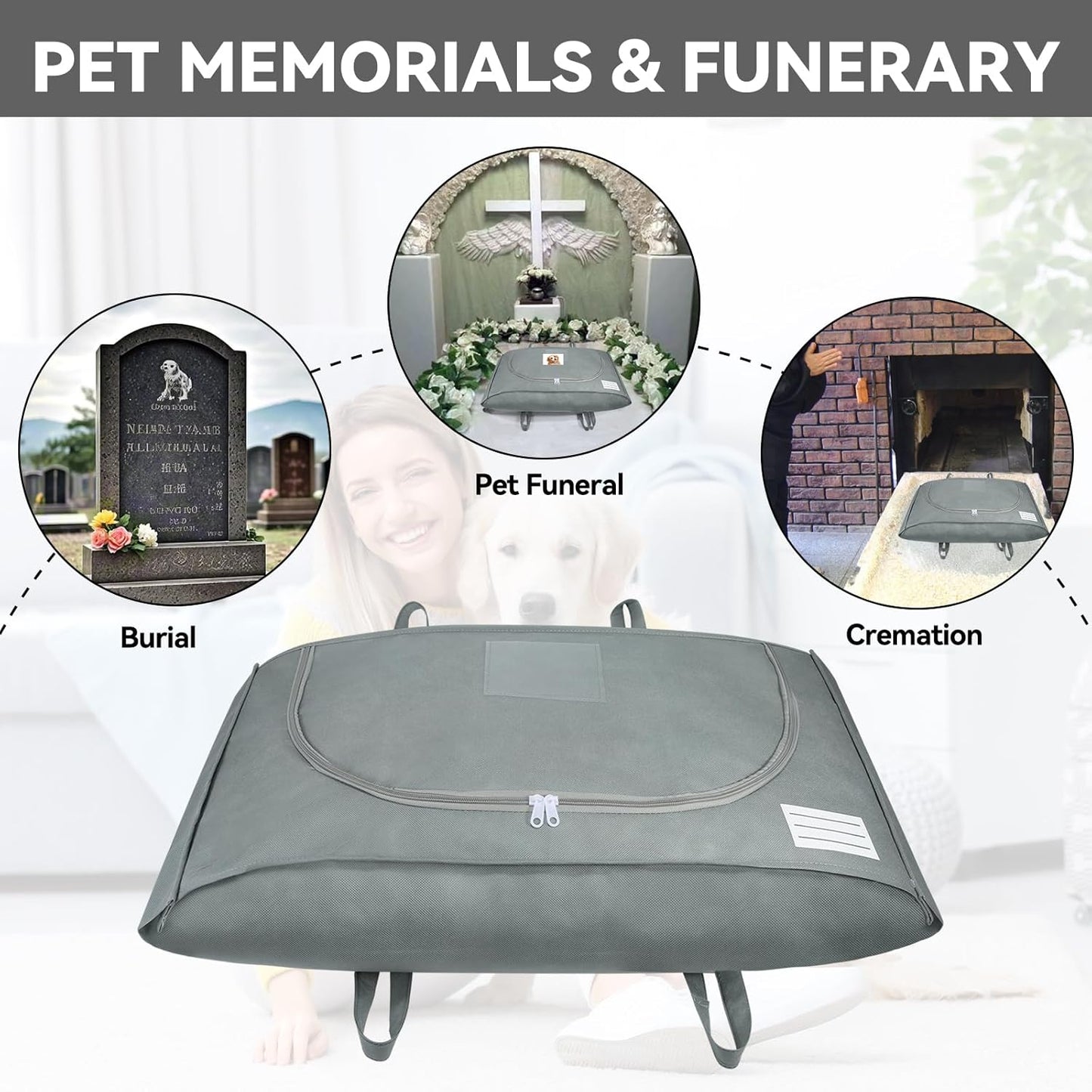 Pet Burial Bag with Handle - Eco-Friendly Dog/Cat Casket for Dignified Memorial | Size M (31.89 x 14.17 x 7 in)