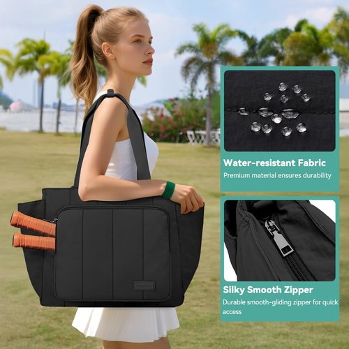 Chase Chic Pickleball Tote Bag for Women,Lightweight Puffer Quilted Crossbody Shoulder Bag Pickle Ball Paddle Holder for Gym Sports,Black
