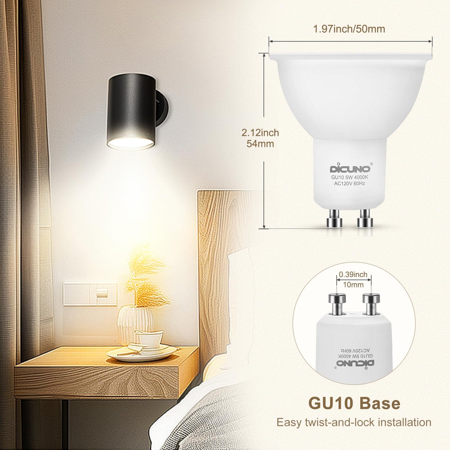 DiCUNO GU10 LED Bulb, 40W Equivalent, Natural White 4000K, Non-Dimmable, 450LM, MR16 GU10 LED for Spotlight, Track Lighting, 5W Recessed Ceiling Light Bulb with 38° Beam for Kitchen, Pack of 6