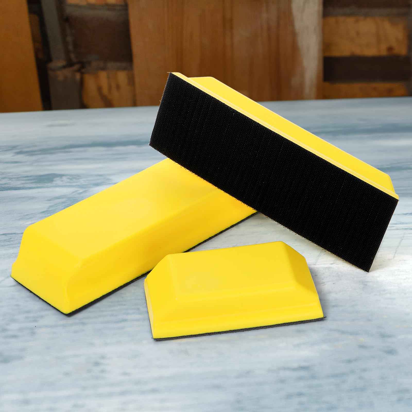Fasmov Sanding Block Set, 3 Pack Rectangle Auto Body Sanding Block, 10.75", 7.7" and 4.7", Hook & Loop Backing Hand Sander Tools Kit for Woodworking, Furniture and Crafts Polishing, Yellow