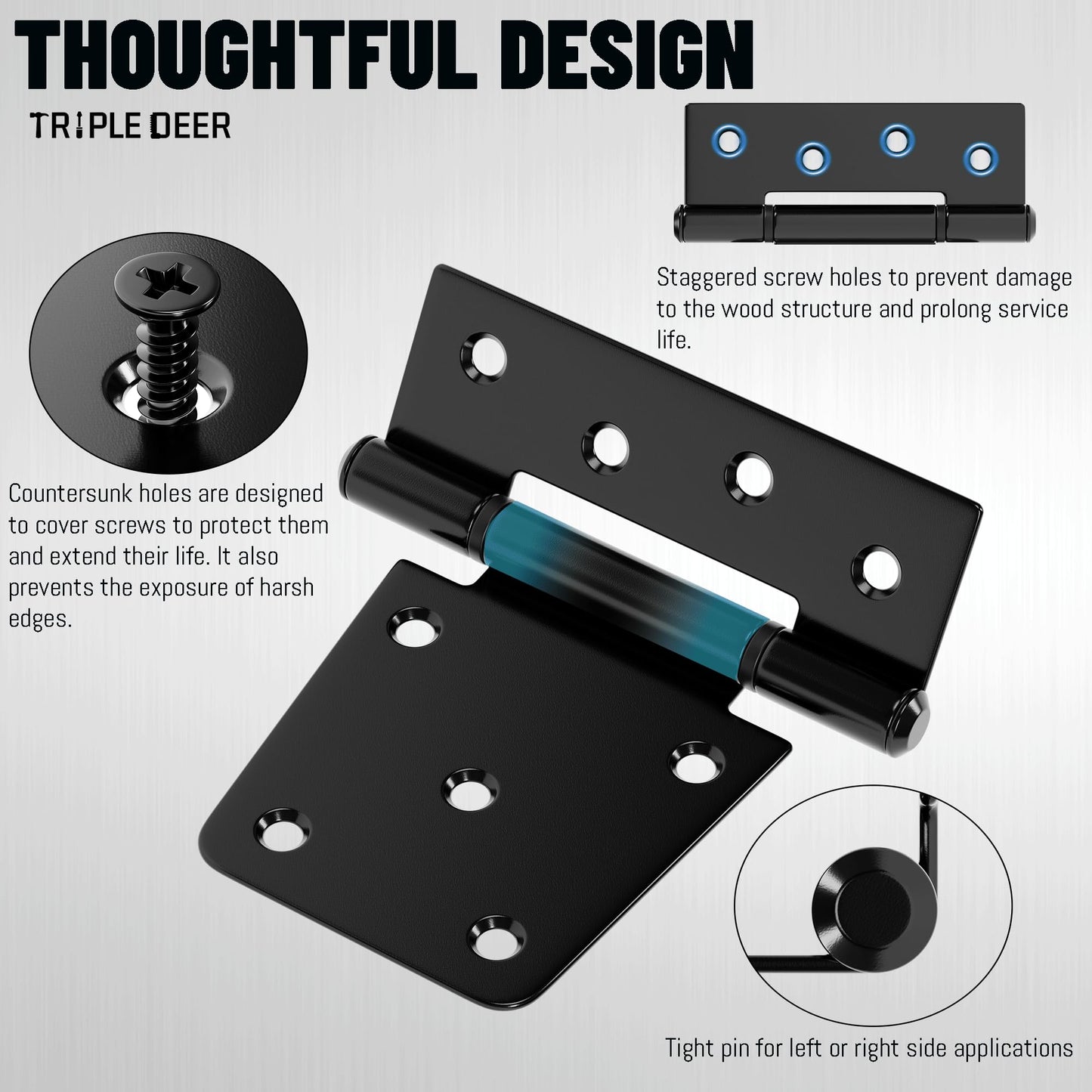 TRIPLE DEER 3.5 Inch Heavy Duty Gate Hinges, Extra Thick Gate Hinges for Wood Fence Barn Door Shed Gate Swing Door, Black Finish Door Strap Hinge, 2 Pack