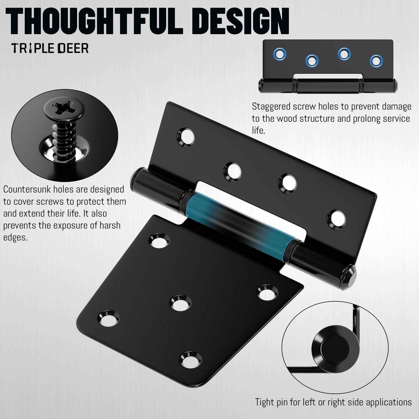 TRIPLE DEER 3.5 Inch Heavy Duty Gate Hinges, Extra Thick Gate Hinges for Wood Fence Barn Door Shed Gate Swing Door, Black Finish Door Strap Hinge, 4 Pack