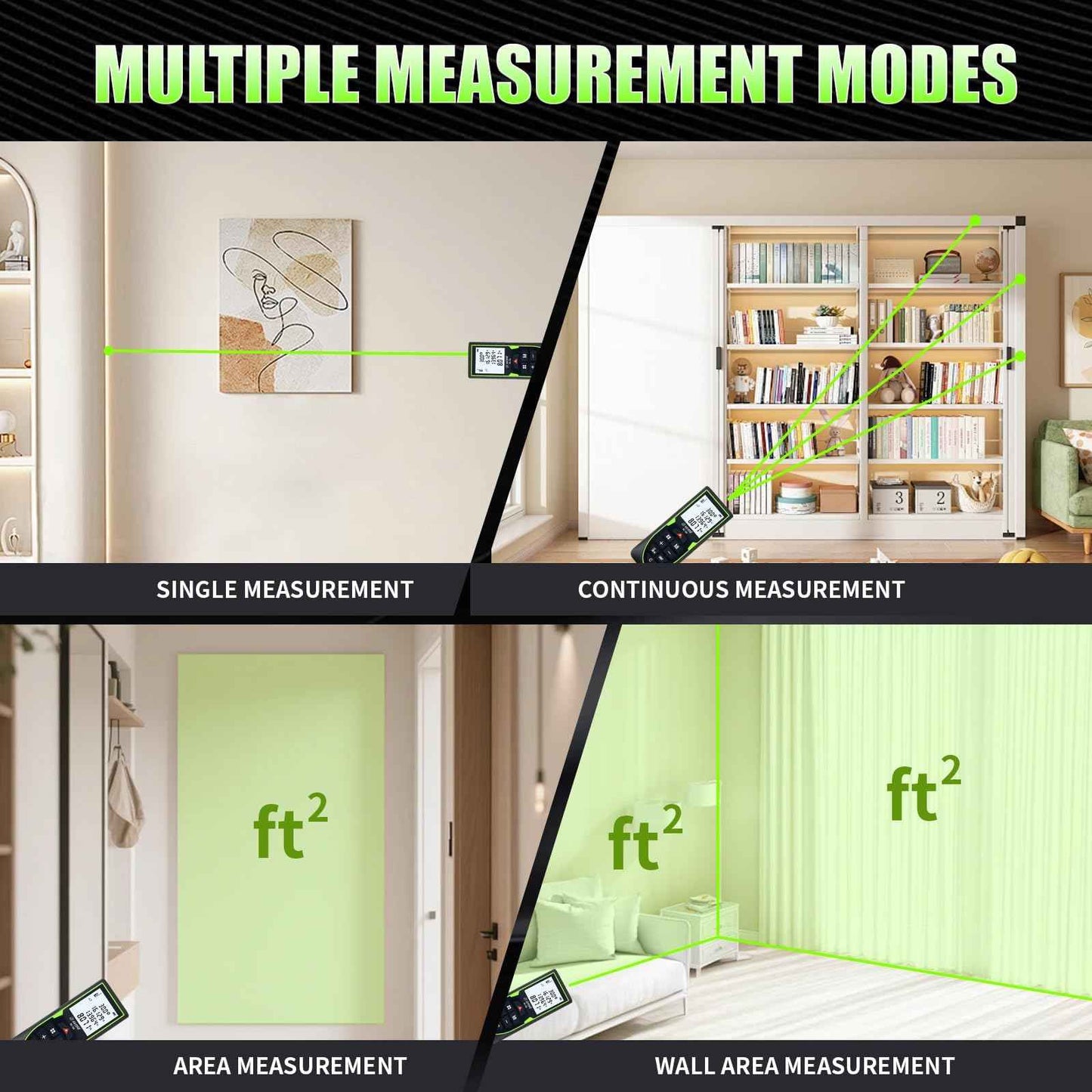 Green Laser Distance Meter 196ft – USB Rechargeable Digital Laser Measure with Angle Sensor, Backlit LCD, Area/Volume/Pythagorean, ±3mm Accuracy, Electronic Measuring Tool for Construction & DIY
