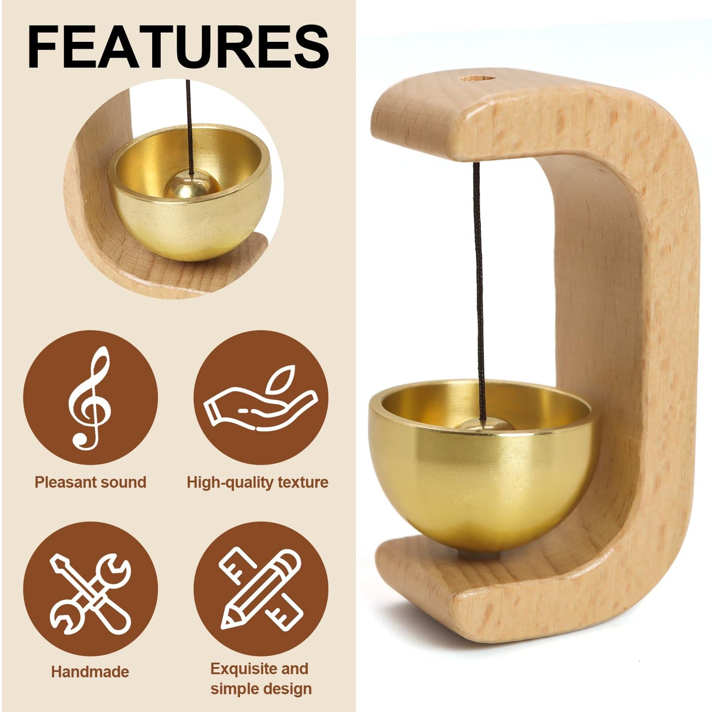 Magnetic Shopkeepers Bell, Decorative Wooden Chime with Brass Bell,with Self-Adhesive for Front Porch, Wall, Garden, Shop, Housewarming Gift, C Shape (2, Light)