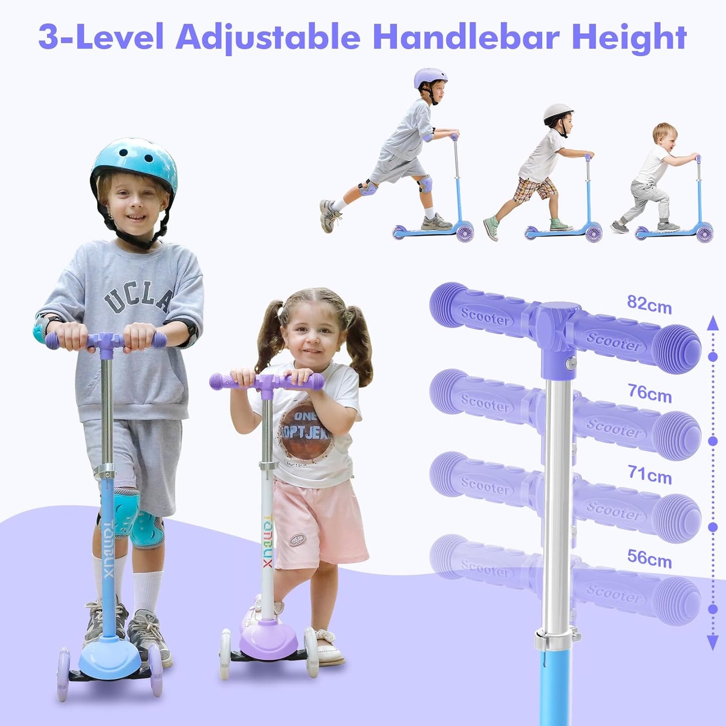 TONBUX Kids Scooter - Adjustable 4-Level Height, Light-Up Wheels | 3-Wheel Design for Ages 3-8