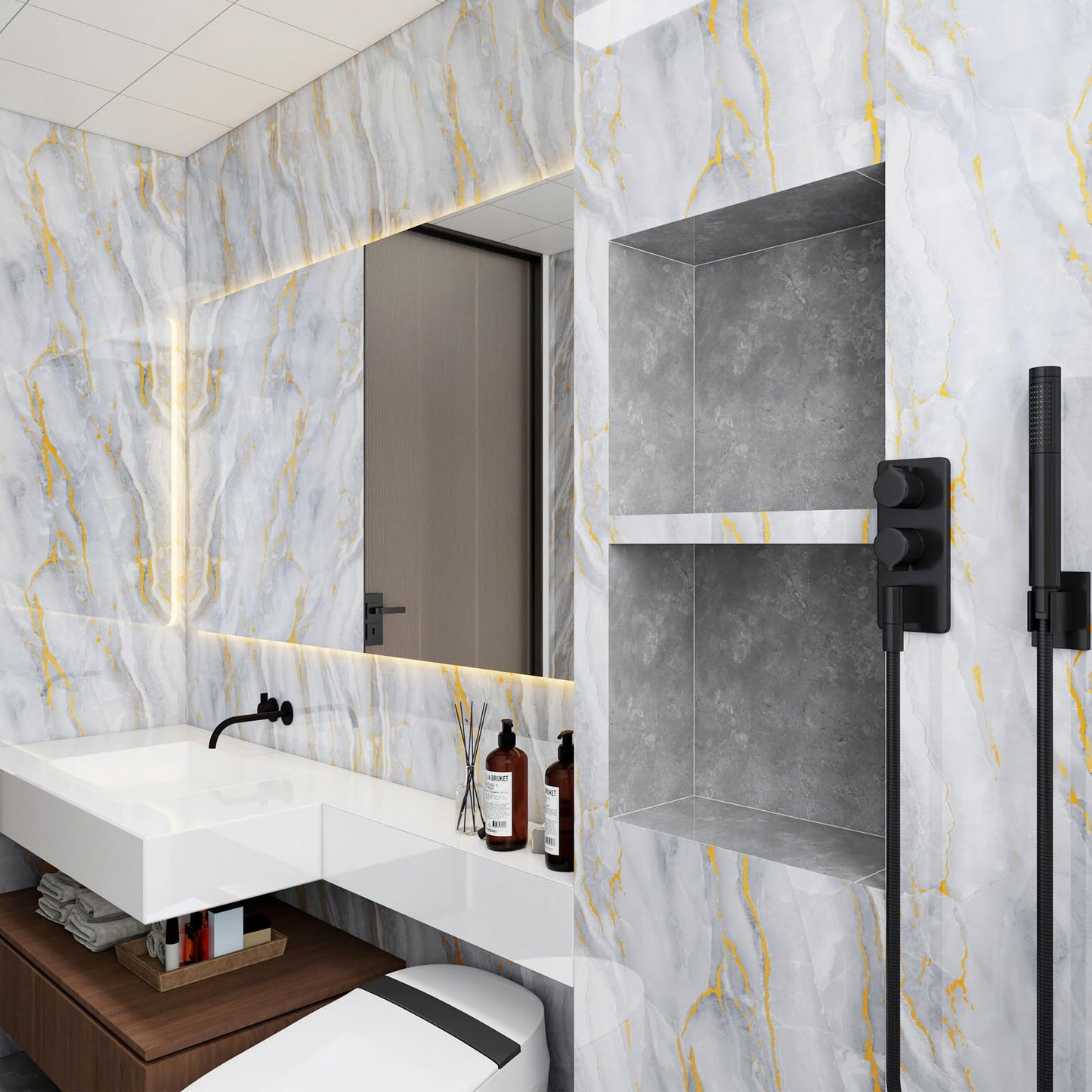 SOON AFTER Gold Marble Contact Paper Glossy Thick Peel and Stick Wallpaper Waterproof Self Adhesive Removable Wall Paper for Countertop Furniture Kitchen Bathroom. Modern Gold and White 15.7"x78.7"