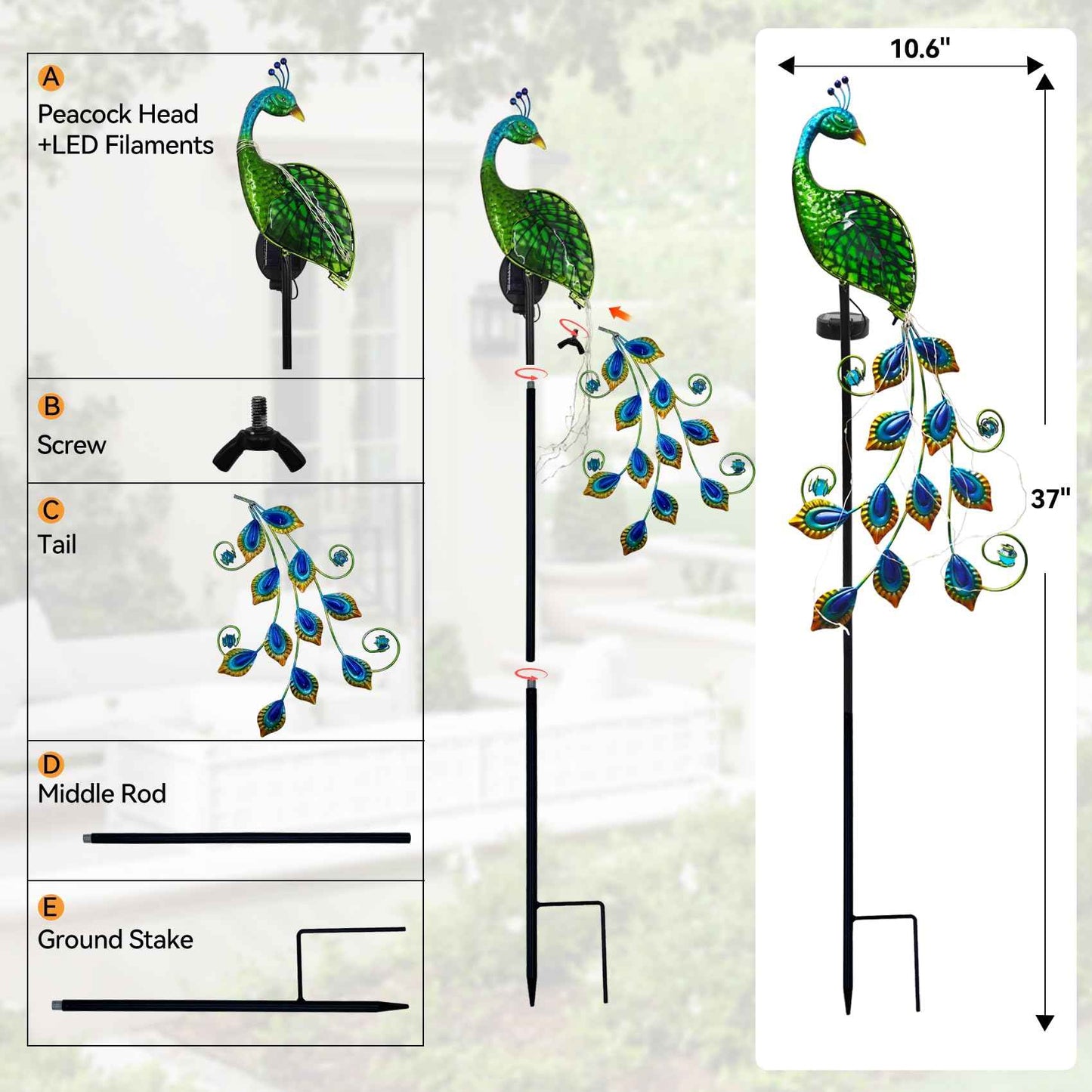 CBAXEAXM Solar Peacock Garden Stake Lights Outdoor, Waterproof Metal Glass Decorative Landscape Path Lights with Thick Stake Glow in The Dark Eye for Pathway Patio Lawn Yard
