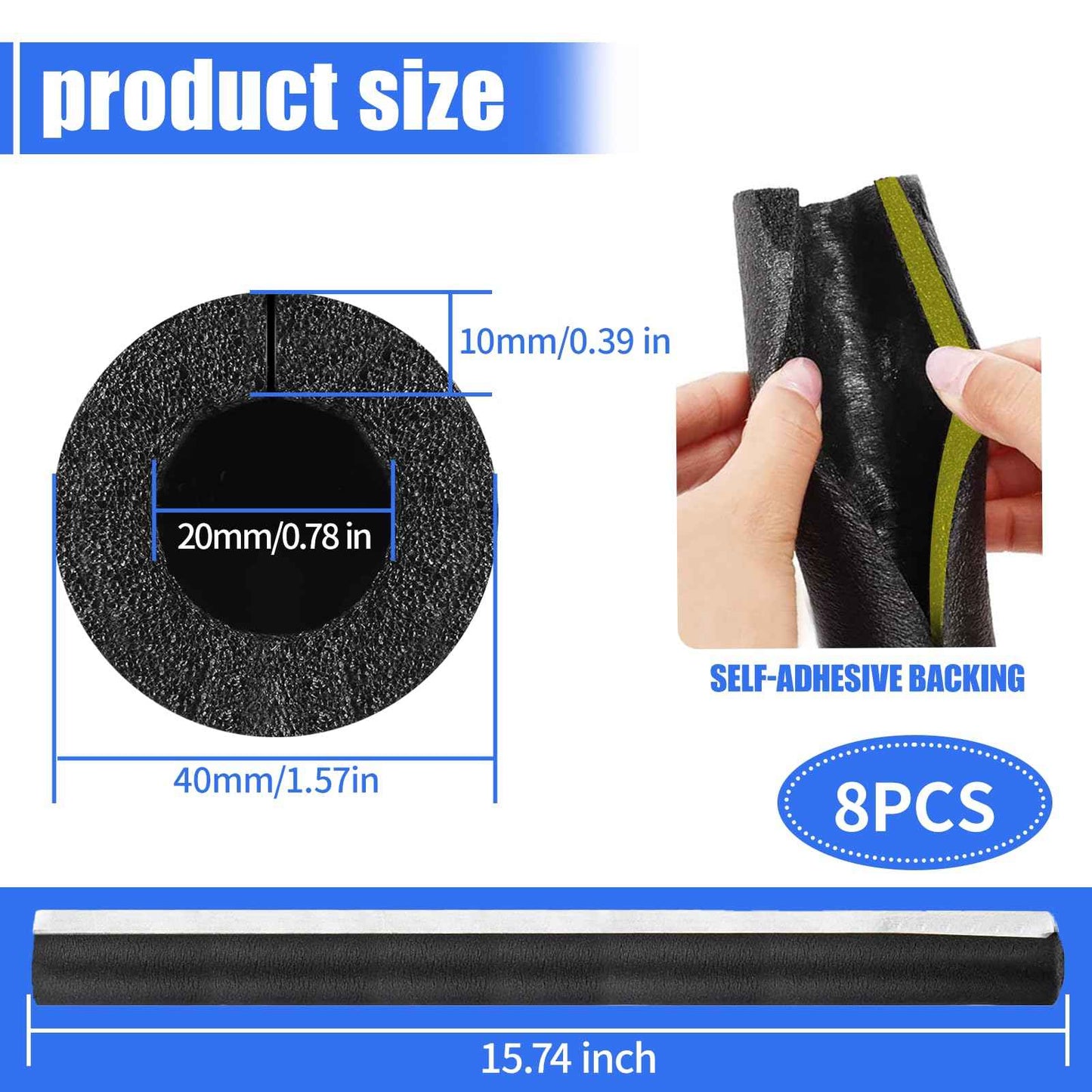 8 Pack Pipe Insulation Foam Tube, 3/4'' Self Adhesive Pre Slit Foam Pipe Covers Polyethylene with Double Sided Tape for Spigot, Winter Outside Pipes, Water Heater Pipes Freeze Protection