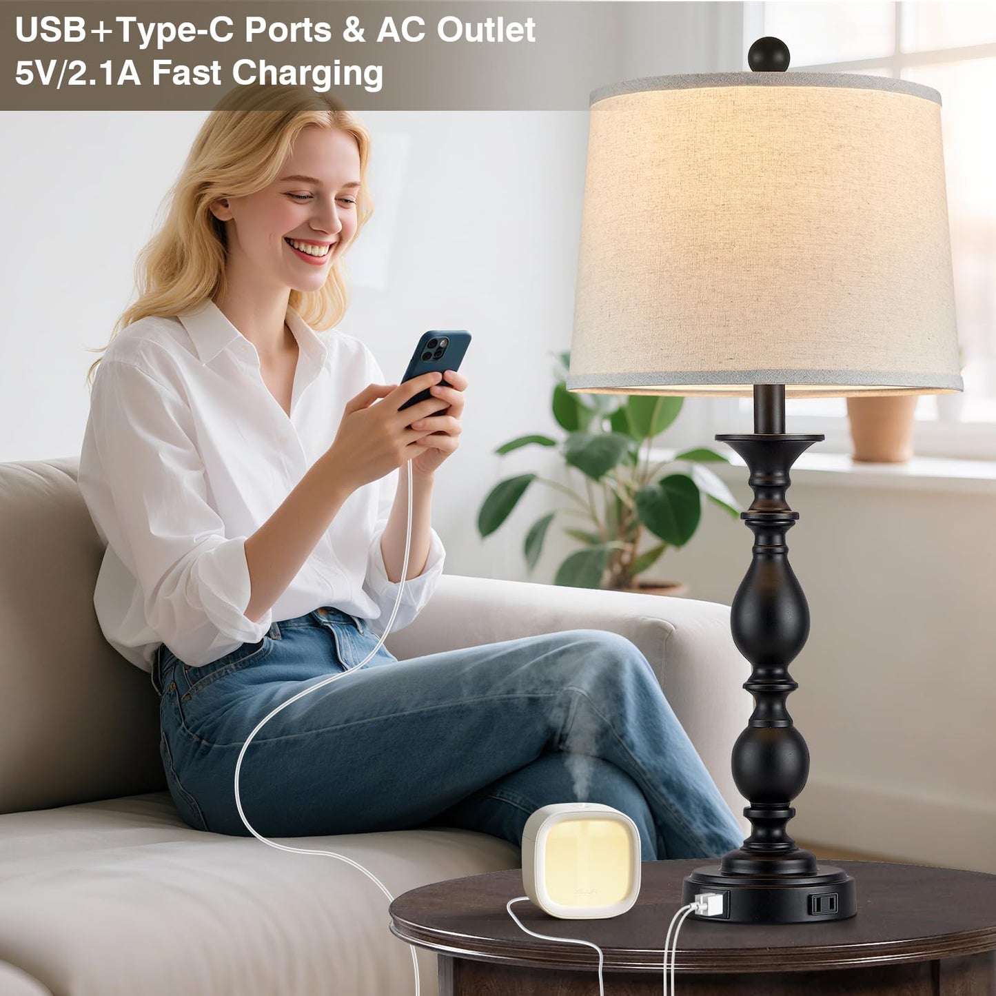 MOUVOVO 28" Tall Modern Table Lamps Set of 2 with USB C+A Ports and AC Outlet, 3 Way Touch Metal Bedside Lamps for Living Room, Black Farmhouse Nightstand Lamps for Bedroom