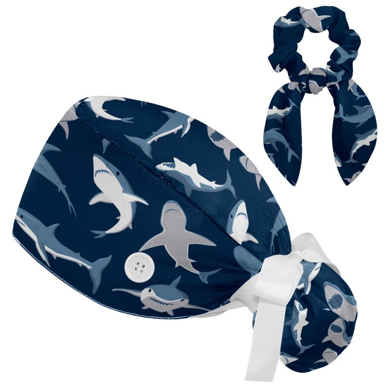 Medical Caps for Women with Bow Scrunchies,Long Hair Working Cap Adjustable Tie Back Hat, Blue Sharks Pattern Bouffant Scrub Hats
