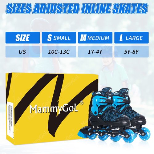 Inline Skates for Boys, Outdoor Adjustable Roller Skates for Kids Youth Beginners with Full Illuminating Safe Durable Blue Size 1 2 3 4
