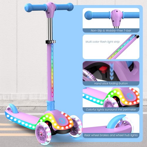 Kidscoter 3 Wheel with Light Patterns, Adjustable Height Foldable Scooter for Boys Girls Ages 3-12, Light-Up Handlebars & Deck, 130lbs Weight Limit, Gift for Toddlers, Pink/Blue/Purple (Purple-Light)