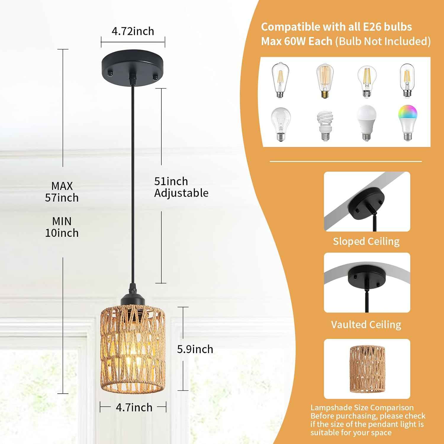 Rattan Chandelier Pendant Lights - 3 Pack Adjustable Height Boho Farmhouse Ceiling Fixtures for Kitchen & Dining Room