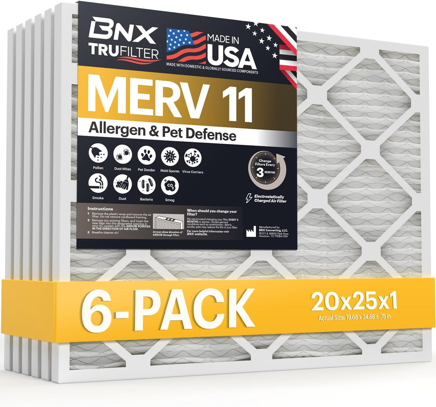 BNX TruFilter 12x12x1 MERV 8 Air Filters (6-Pack) - USA-Made Dust & Pet Defense for HVAC