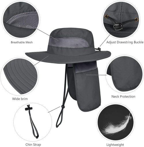 LCZTN Men's Safari Cap - UPF 50+ Sun Protection Wide Brim Fishing Hat with Neck Flap