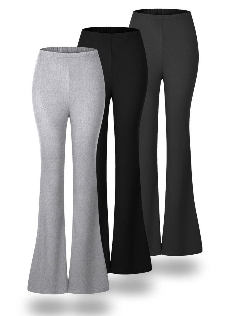 ANYOCEAN 3-Pack Women High-Waisted Flared Leggings Elastic Knit with Tummy Control & Butt Lift Soft Stretchy Workout Yoga Pants for Gym, Running, Athletic (25A042 3P Black Light Gray Dark Gray L)