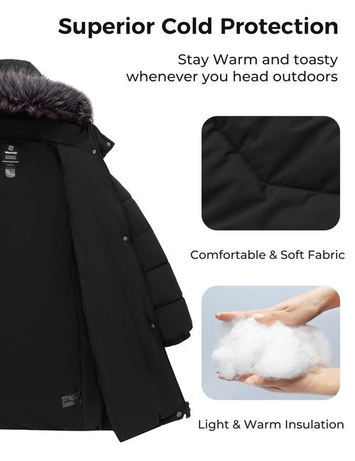 wantdo Women's Mid-Length Hooded Puffer Jacket Warm Outdoor Winter Padded Coat(Black, Medium)