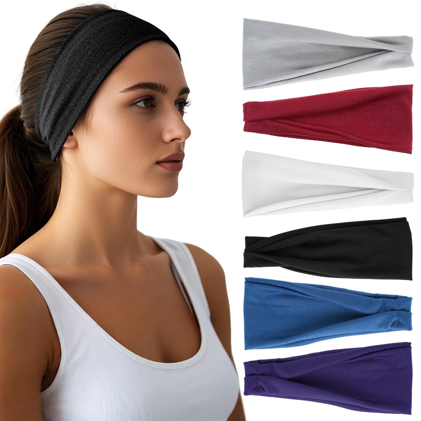Headbands for Women - 6 Pack Wide Elastic Hairbands | Ultra-Soft Moisture Wicking Sports Headband | Non-Slip Accessories Bands for Fashion (Dark Purple Dark Gray White Red Navy Black)