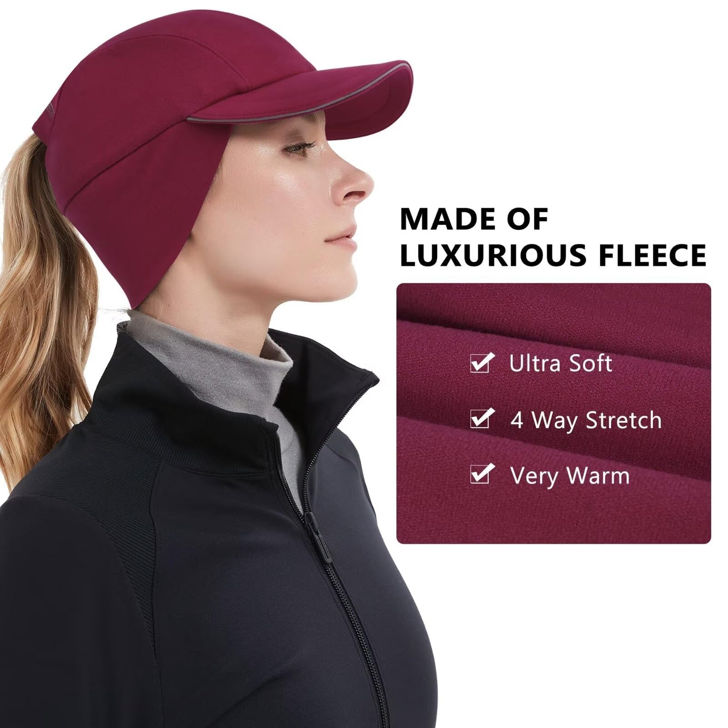 GADIEMKENSD Winter Fleece Hats Reflective Ponytail Hat for Women Baseball Caps with Earflap Drop Down Ear Warmer Mens Skull Cap Beanie with Visor Cold Hat for Outdoor Hiking Running Snow Ski Wine Red