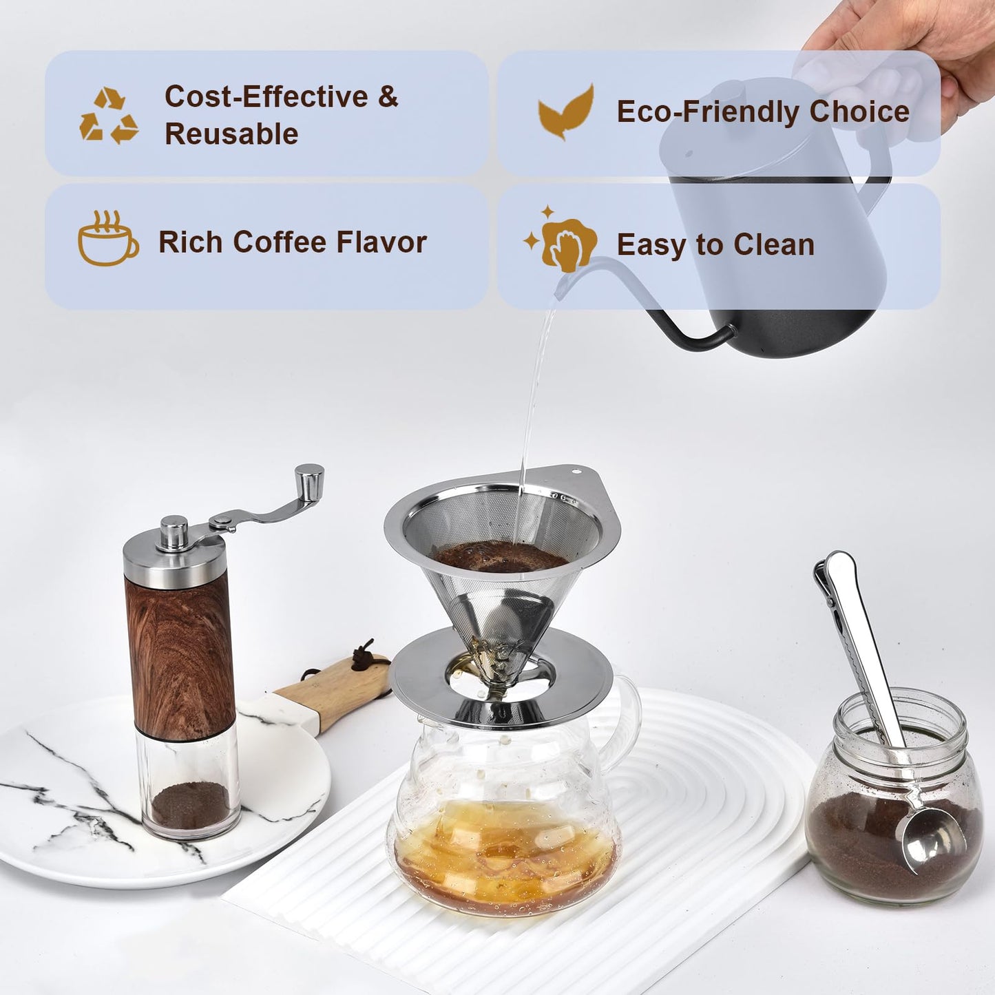 Fyueenix Stainless Steel Pour Over Coffee Dripper, Reusable Fine Mesh Filter for 1-2 Cups, Paperless Coffee Maker for Home, Travel, Camping