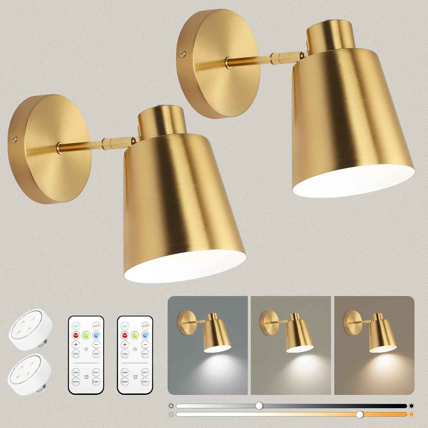 Battery Operated Wall Sconce Set of 2 - Modern Wireless Vintage Black & Gold Lamps with Remote Control for Living Room & Bathroom