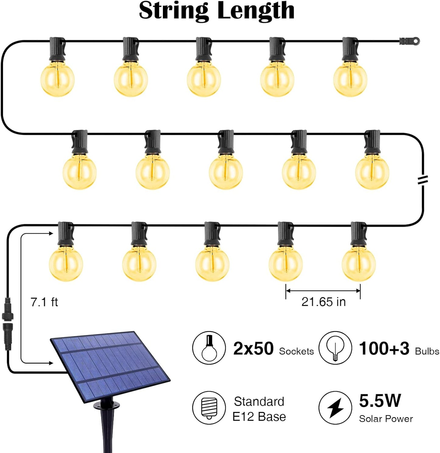100FT Solar Powered String Lights with Remote - Waterproof G40 Patio Lights, 30 Shatterproof Bulbs, 3 Modes for Camping & Backyard