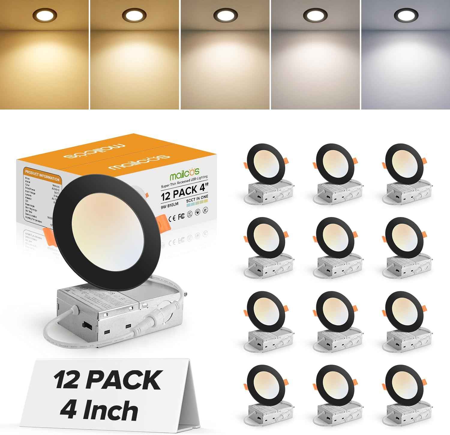 Ultra-Thin 12 Pack 6-Inch Dimmable LED Recessed Lighting - 5CCT Selectable, 1050LM, ETL