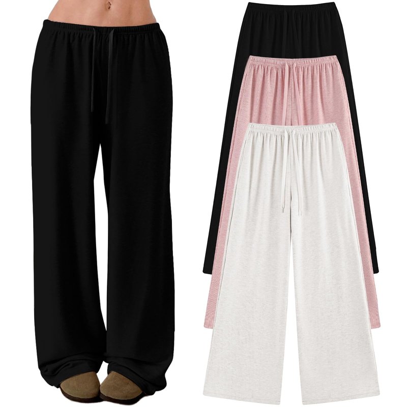 EXARUS 3 Pack Girl's Loose Straight Wide Leg Baggy Cute Sweatpants with Drawstring Elastic Waist Pockets Casual for Teen 12Y Black/Pink/White