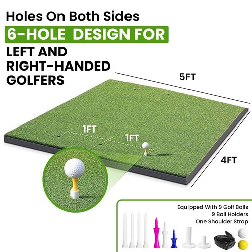 LPALNTYS Golf Hitting Mat 5x4ft, 21mm Artificial Turf Practice Mat with 9 Tees, Durable EVA Backing for Indoor | Outdoor Driving, Chipping & Swing Training，with Carrying Case