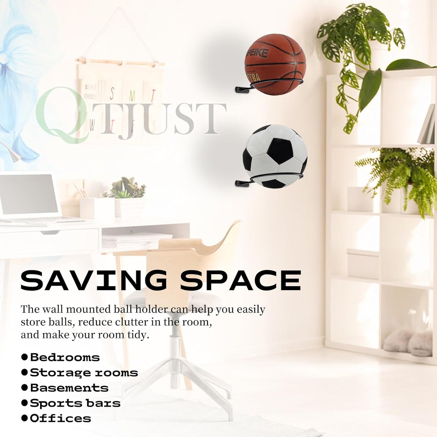 Skiennix Mounted Ball Wall Storage Rack - Universal Metal Holder for Basketball, Football, Volleyball, Soccer - Black
