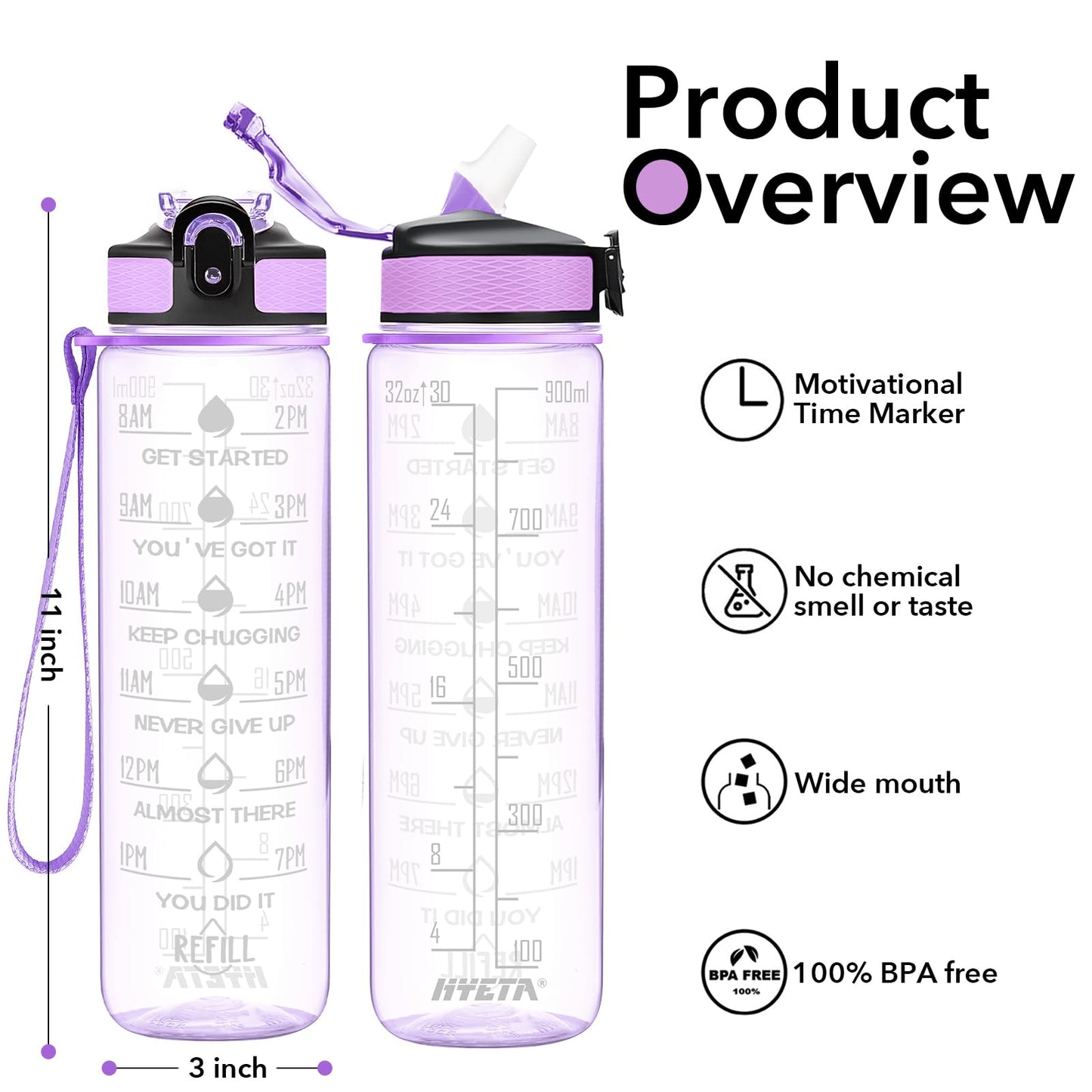 Hyeta Clear Water Bottle with Straw & Time Marker, Plastic 32oz Leakproof