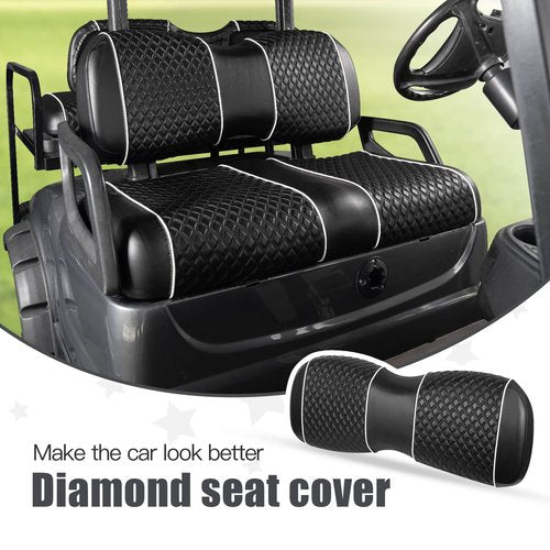 NOKINS Golf Cart Seat Covers Fit for Yamaha Drive/Drive2 OEM Standard Front Seat Cushion, Backrest Vinyl Leather Litte Diamond Seat Covers, No Stapler Required (Black&White Piping)
