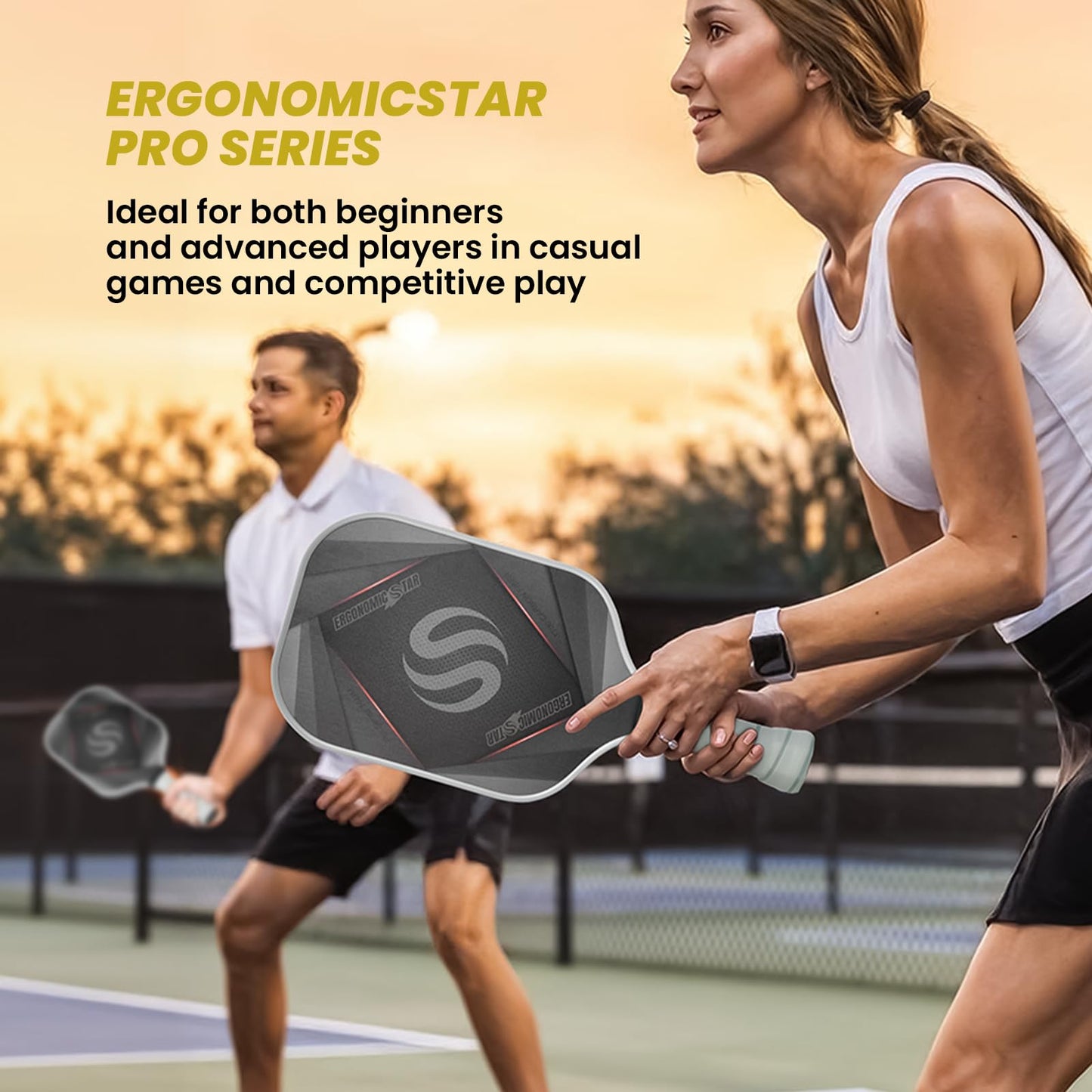 Ergonomicstar Pickleball Paddles Set of 2, T700 Carbon Fiber Lightweight 16MM PP Honeycomb Core Pickleball Rackets with 4 Balls 2 Grip Tapes and 1 Carry Bag for Beginner to Advanced - Grey&Orange