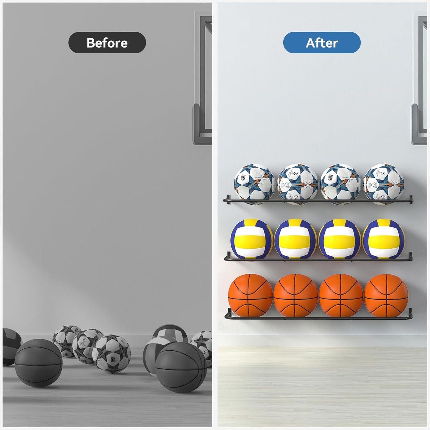 Wall Mount Ball Rack - Skiennix Garage Sports Equipment Organizer | 12-Ball Capacity, 3 Shelves