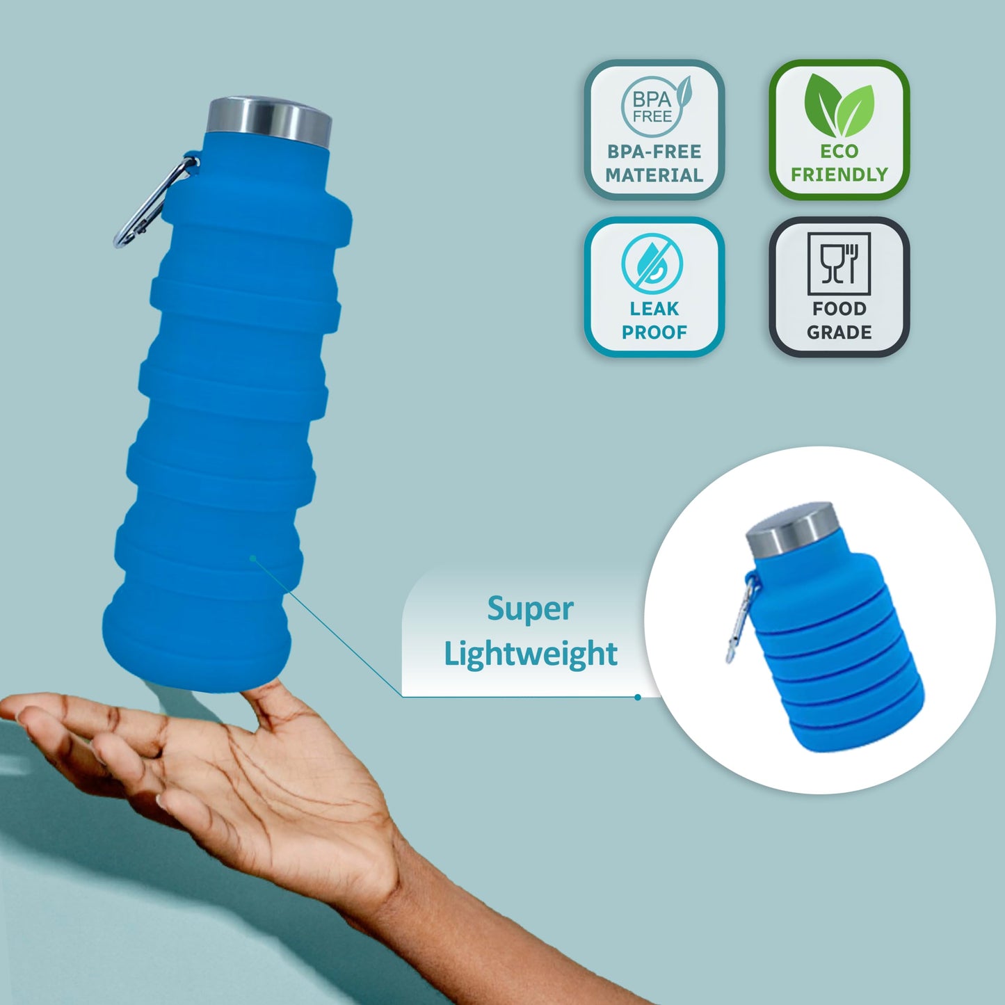 vadoworld Collapsible Water Bottles 17oz, Odorless BPA-Free Silicone, Leak-Proof Foldable Reusable Bottle - Perfect for Travel Sports Gym Hiking Camping Cycling - Light Blue