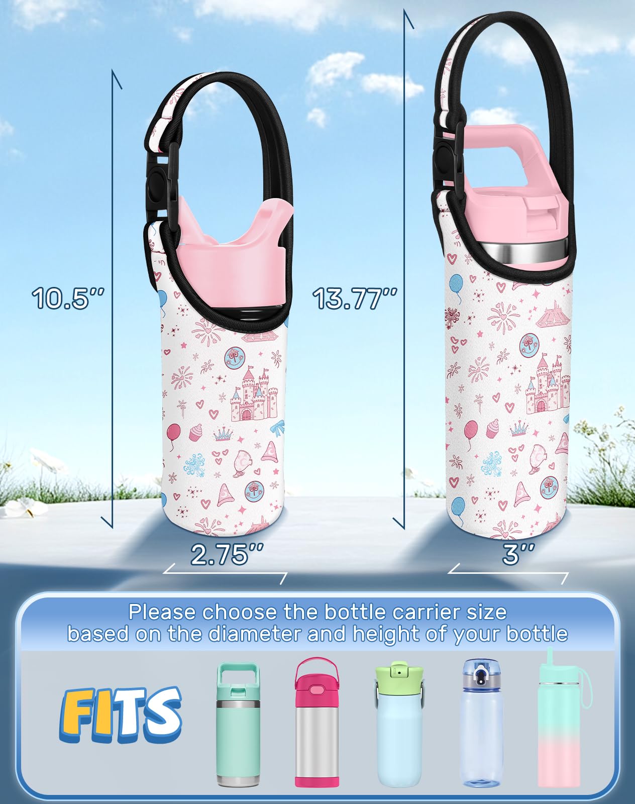 Miss Adola Kids Water Bottle Carrier with Strap - 14-20 oz Neoprene Bottle Holder Cute Cartoon Design Handheld or Crossbody for Girls, Castle
