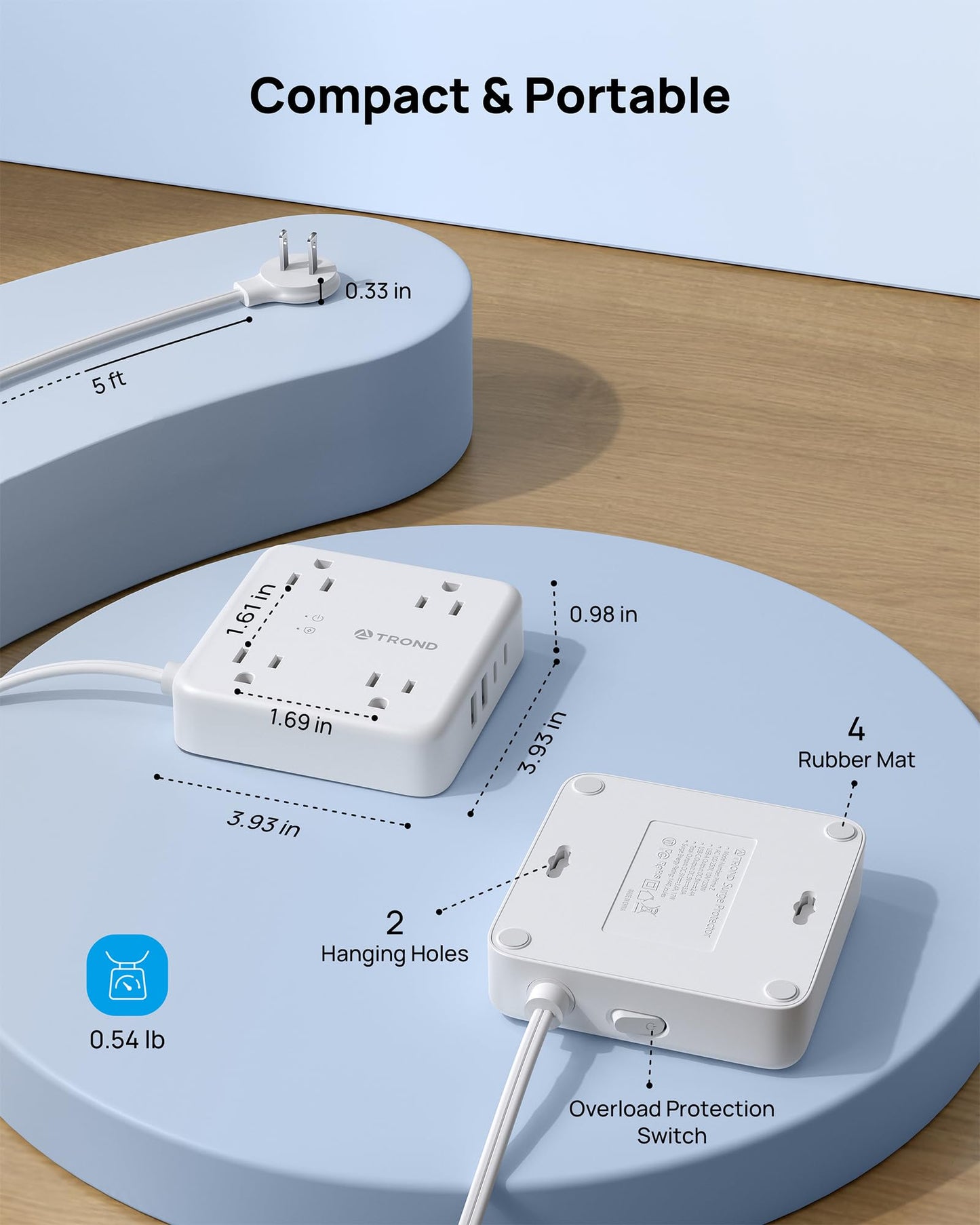 TROND 2 Prong Power Strip - 2 Prong to 3 Prong Outlet Adapter, Polarized Flat Plug, 4 AC & 4 USB, 5ft Extension Cord, Wall Mountable Surge Protector Outlet for Non-Ground Socket in Old House, White