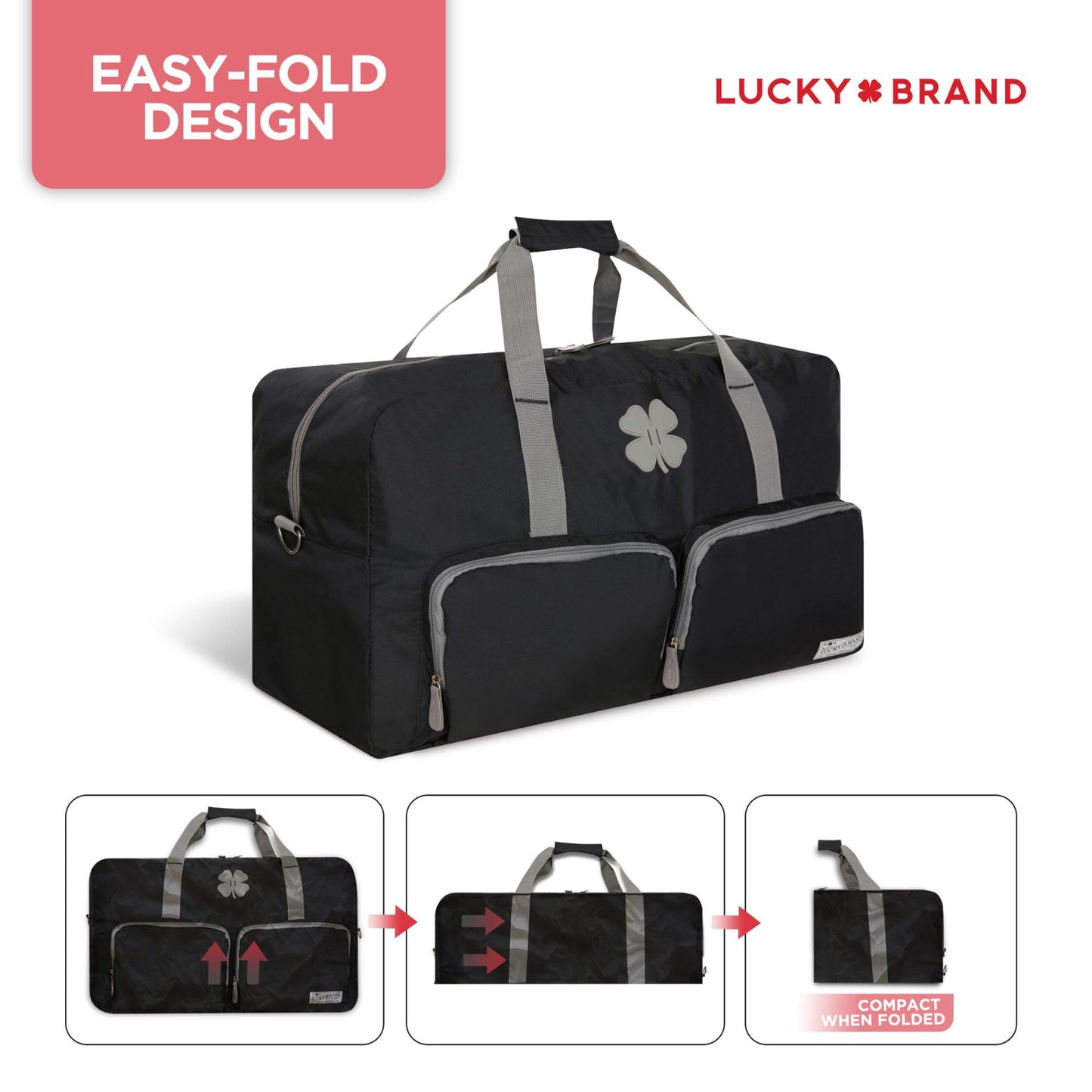 Lucky Brand Unisex Large Duffle Bag, Adjustable Strap, Foldable Weekender Bag