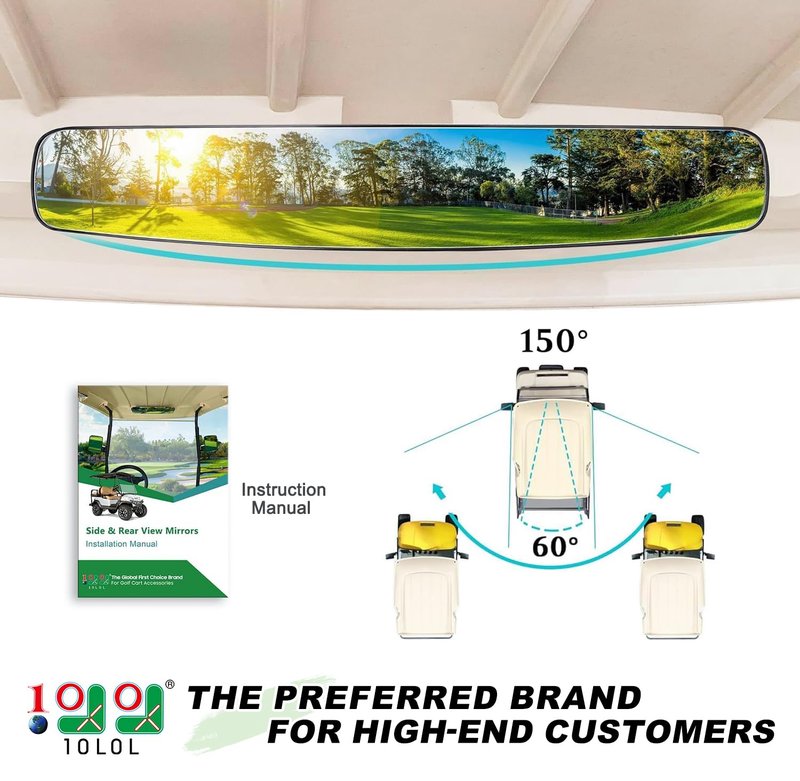 10L0L Newest Golf Cart Mirrors, Folding Side and Panoramic Rear View Mirror Kit for Yamaha Club Car EZGO, Eliminate Blind Spots Clear Convex Style