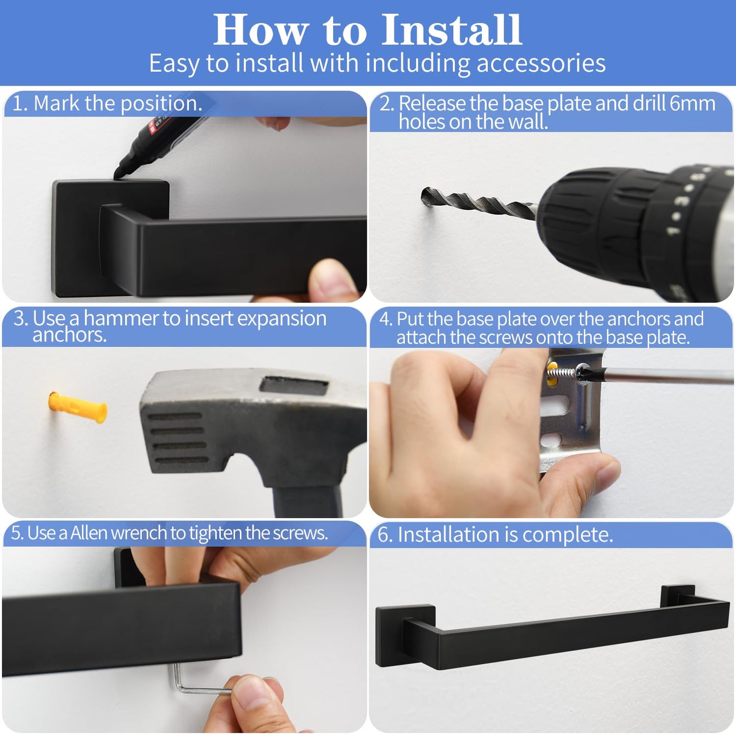 5pcs Bathroom Hardware Set, 16in Towel Bar Set, Including Square Towel Bar Square Towel Ring Toilet Paper Holder Towel Hooks, Set SUS304 Stainless Steel, Wall Mounted