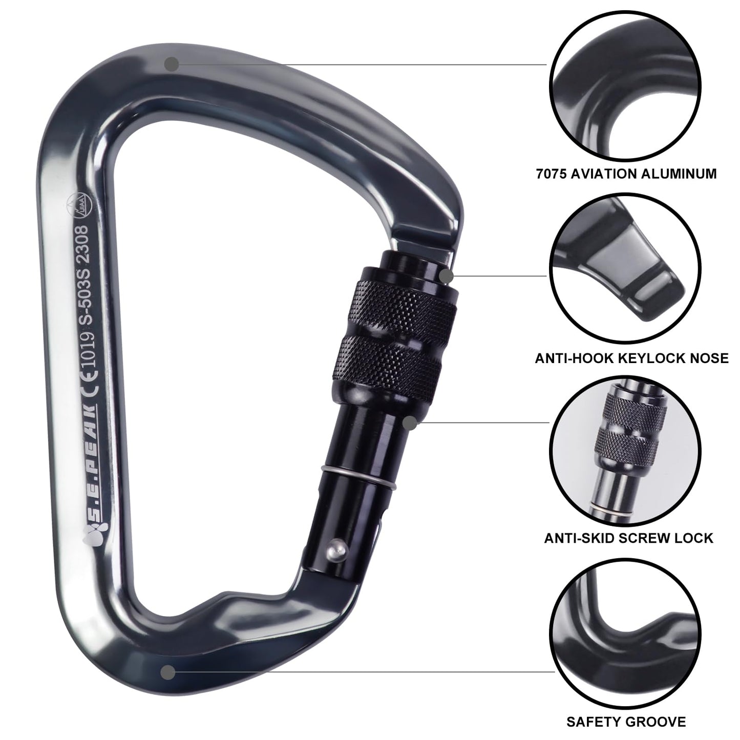SEPEAK UIAA CE 30kN Locking Climbing Carabiner, Professional Heavy Duty Screwgate Clip for Outdoor Climbing, Mountaineering, Rappelling, Camping, Hiking, Swing, Large D Carabiner Hook/6744lb,2pc,Black