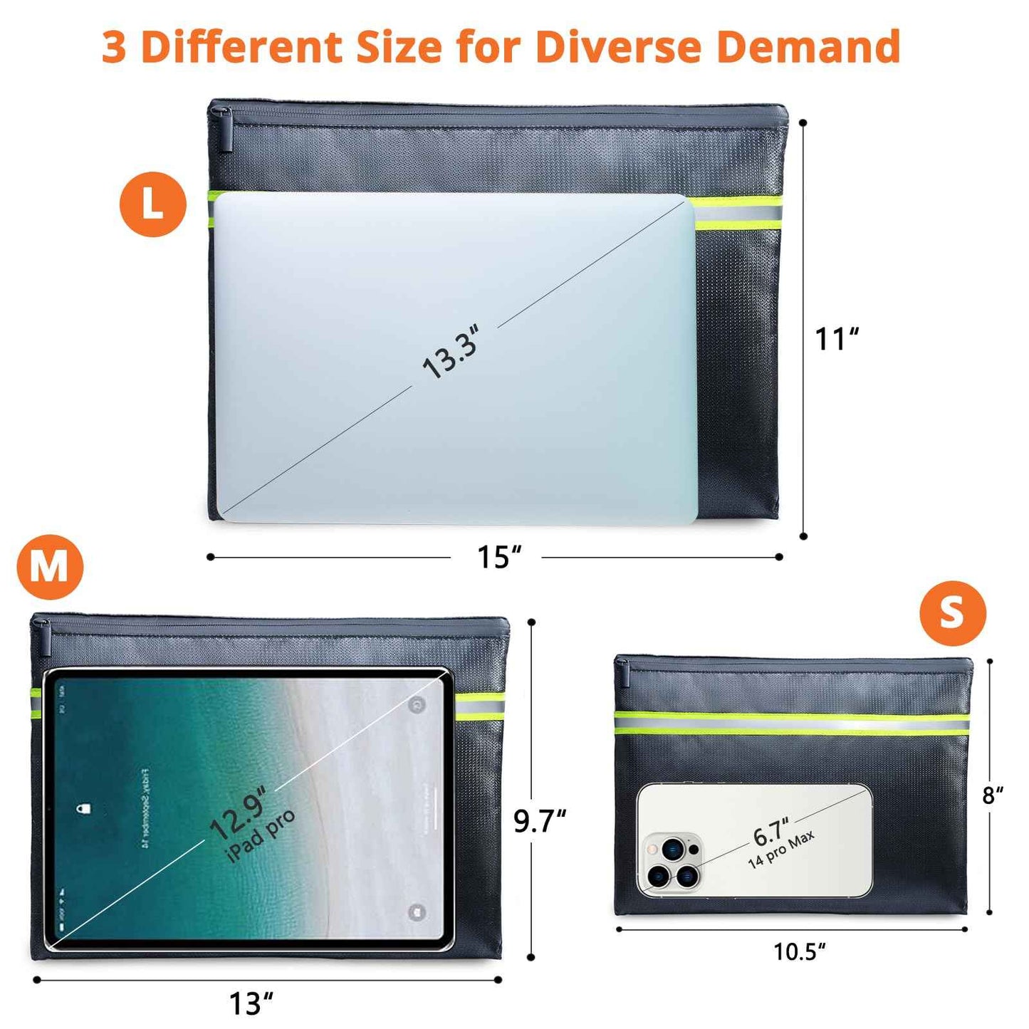 FRECOLSH Fireproof Document Bag – 3 Pack (15" x 11", 13" x 9.7", 10.5" x 8") Fireproof & Water- proof Document Organizer | Document Holder with Zipper Secure for Cash, Passports, Check& More