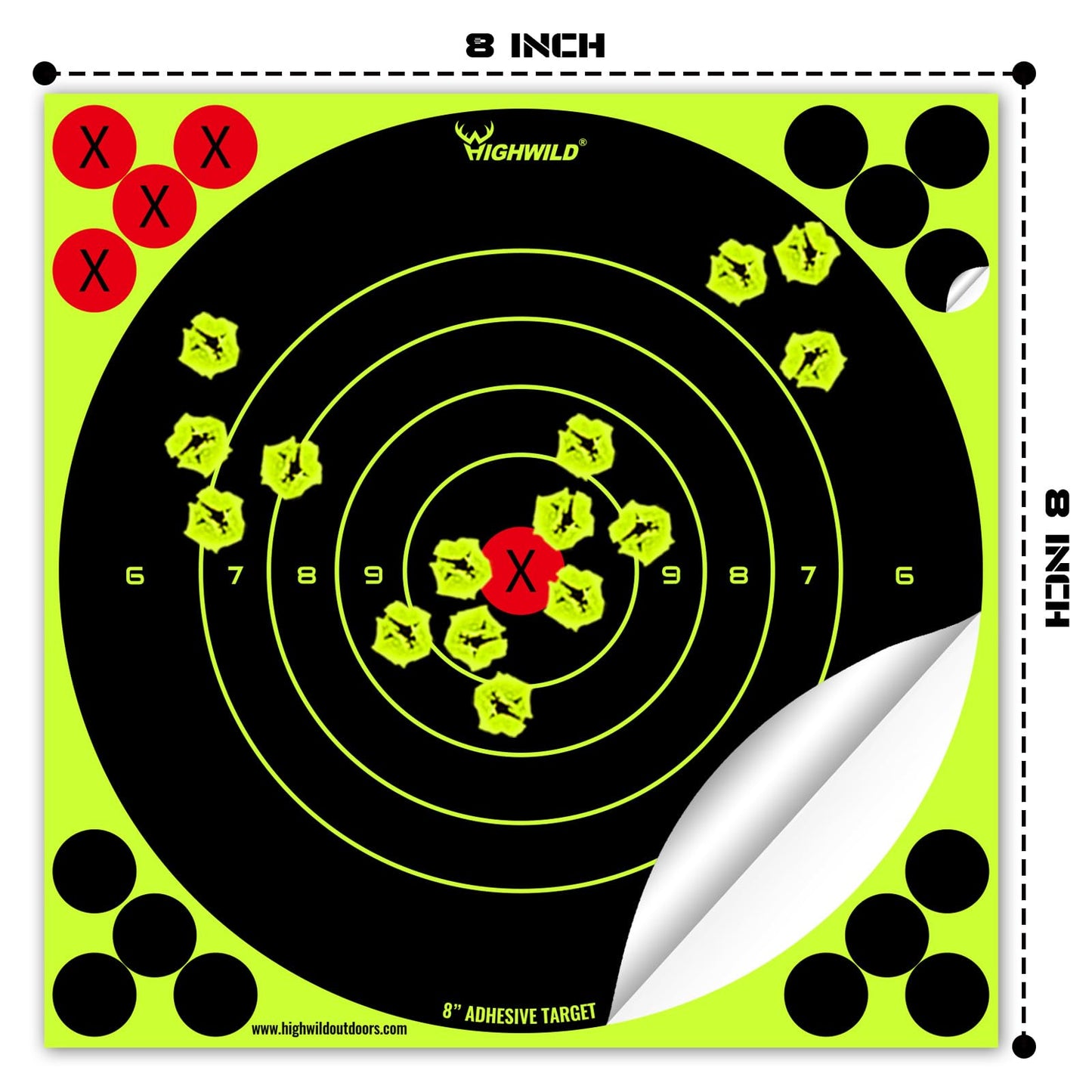 Highwild Stick Splatter Adhesive Bullseye Bright Fluorescent Yellow Shooting Targets - 8x8 Inch (50 Pack)