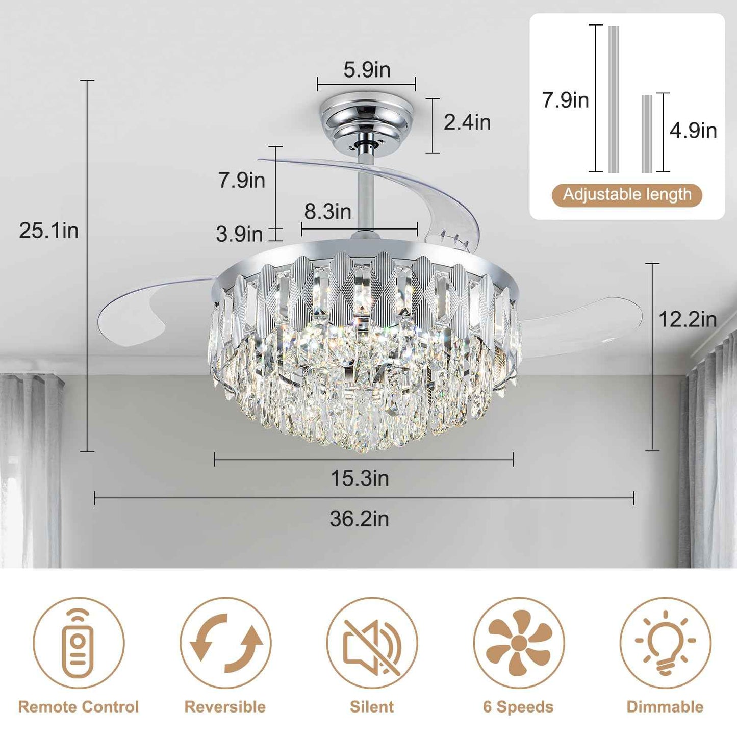 illus illumination 36in Fandelier Ceiling Fans with Light, Modern Crystal Chandelier Ceiling Fans, Remote & APP Control, Retractable Reversible 3 CCT LED Dimmable for Living Room Bedroom (Silver)