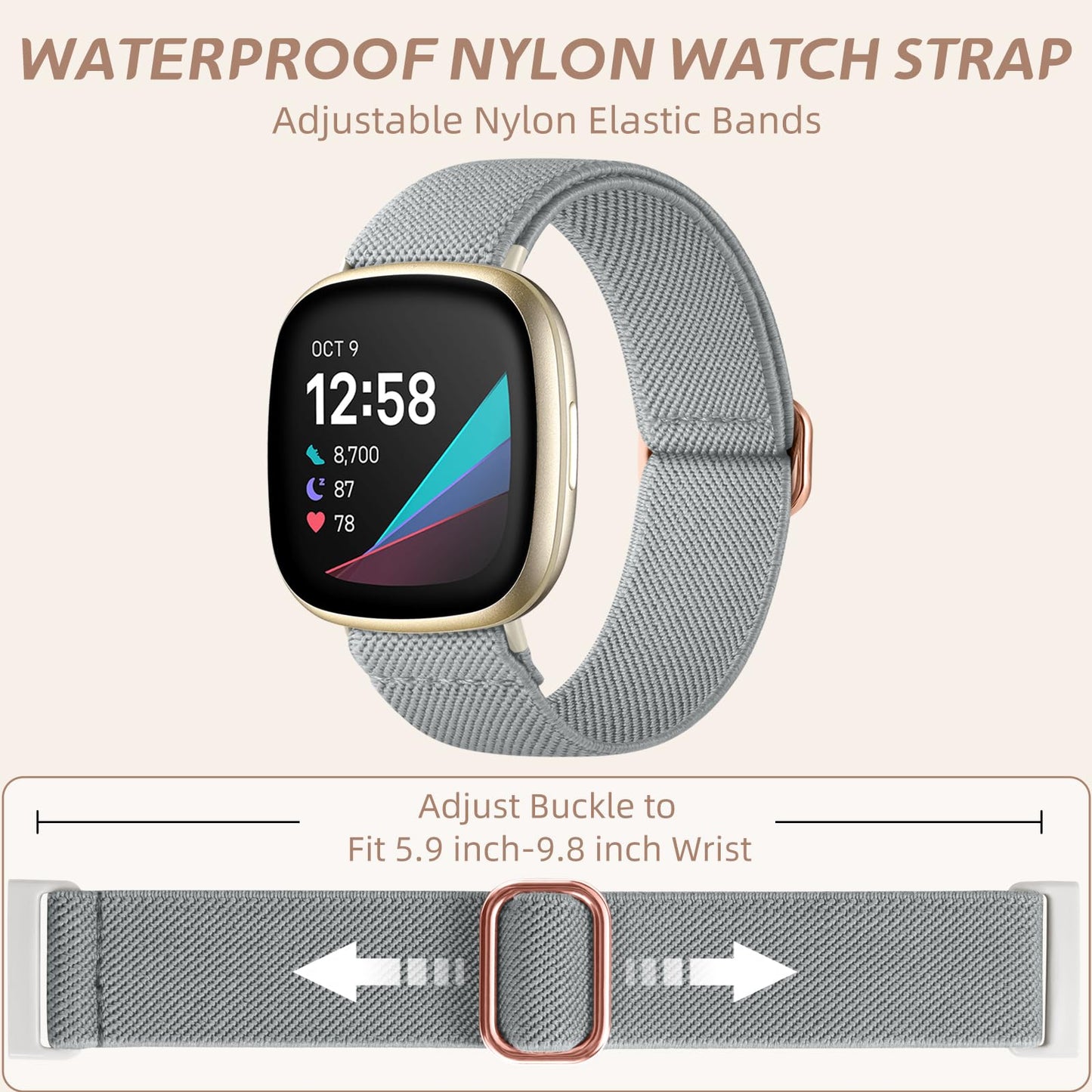 Odbeai Stretchy Strap Compatible with Fitbit Sense 2 Bands/Sense Band, for Versa 4 Bands for Woman/Versa 3 Band, Water-Resistant Adjustable Soft Nylon Elastic Braided Sport Wristbands, 5 Packs