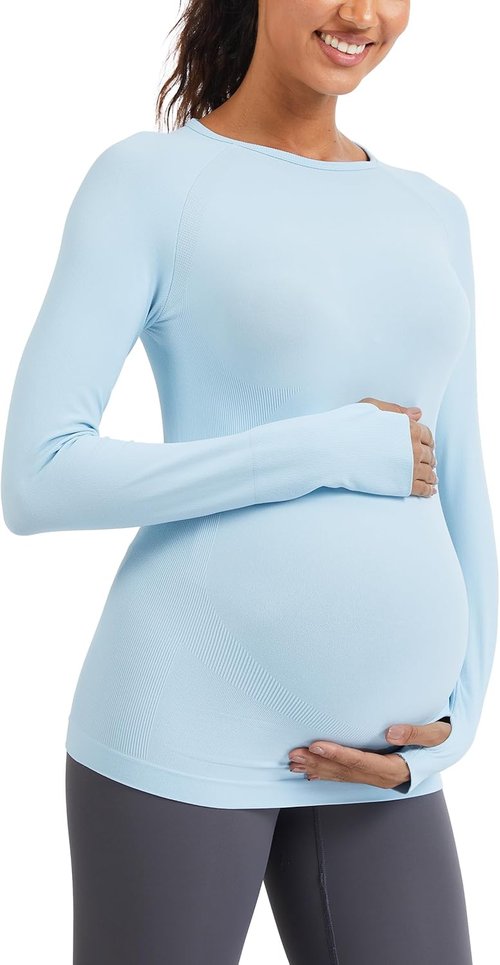 MathCat Seamless Maternity Shirts - Long Sleeve Athletic Tops for Pregnancy | Casual Yoga Tee
